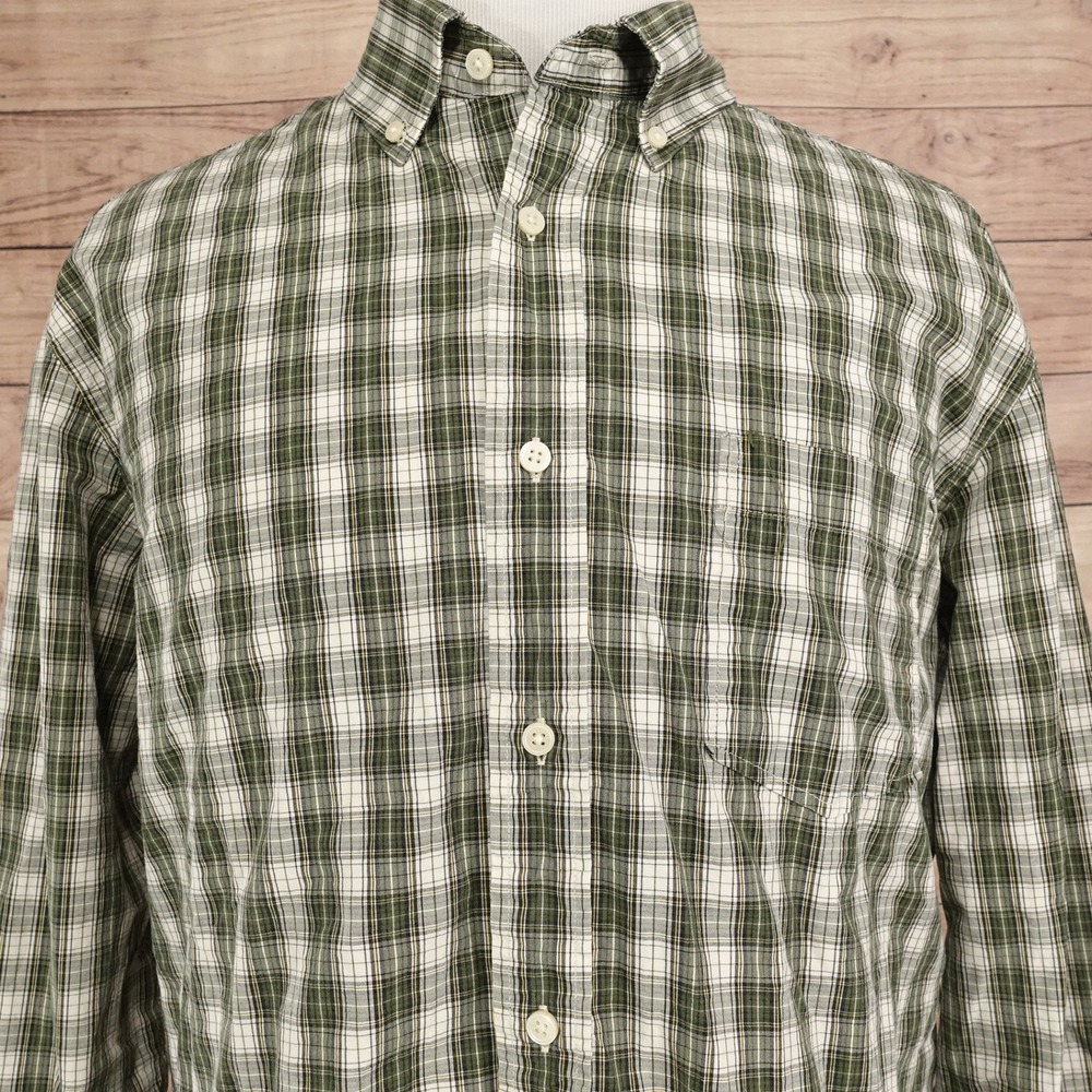 Eddie Bauer Button Down Mens 2XL Green Plaid Excellent Legend Wash Long Sleeve